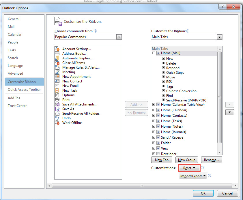 how to reset the ribbon to its default settings in outlook 2013 dp reset outlook