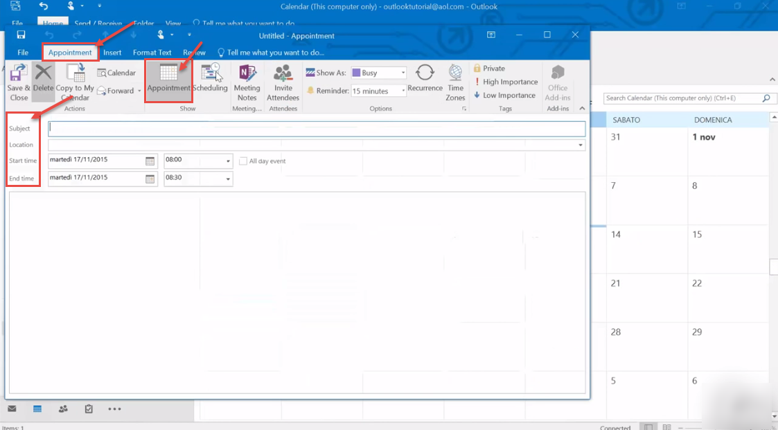 outlook 2016 2 create appointment