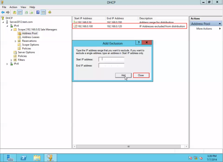Server screen Configure DHCP Exclusion Range