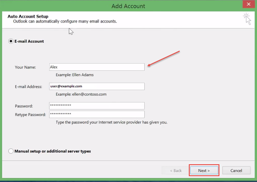 outlook 2016 2 add account details