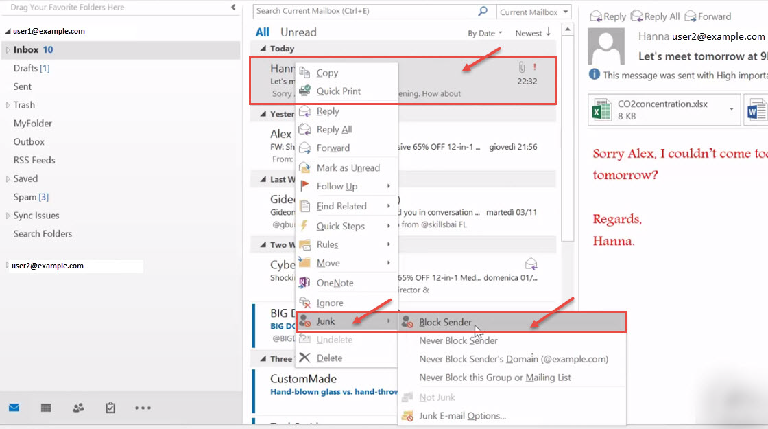 outlook 2016 7 block sender